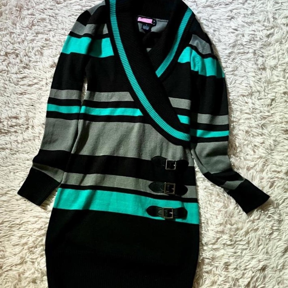 Vintage Y2K Hipster‎ Punk Grunge Buckle Wrap Sweater Dress Womens S Retro Edgy
